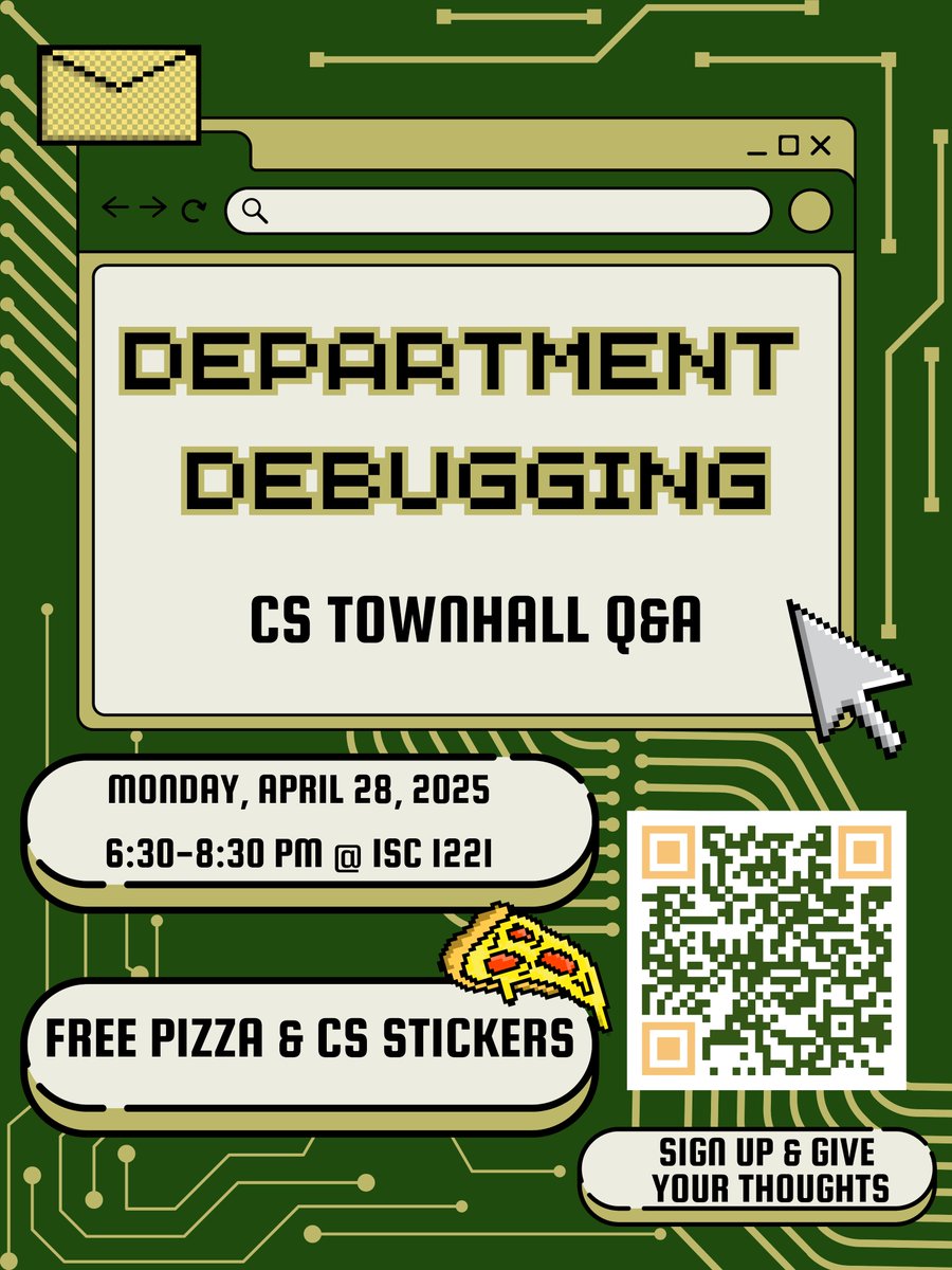 CS Townhall: Debugging the CS Department

Please join us on Monday, April 28, at 6:30PM at ISC 1221 for the CS Townhall.
Professors (perhaps even the Dean of CDSP) will be there to answer your questions and listen to you.

Ask Questions Here: docs.google.com/forms/d/e/1FAI…