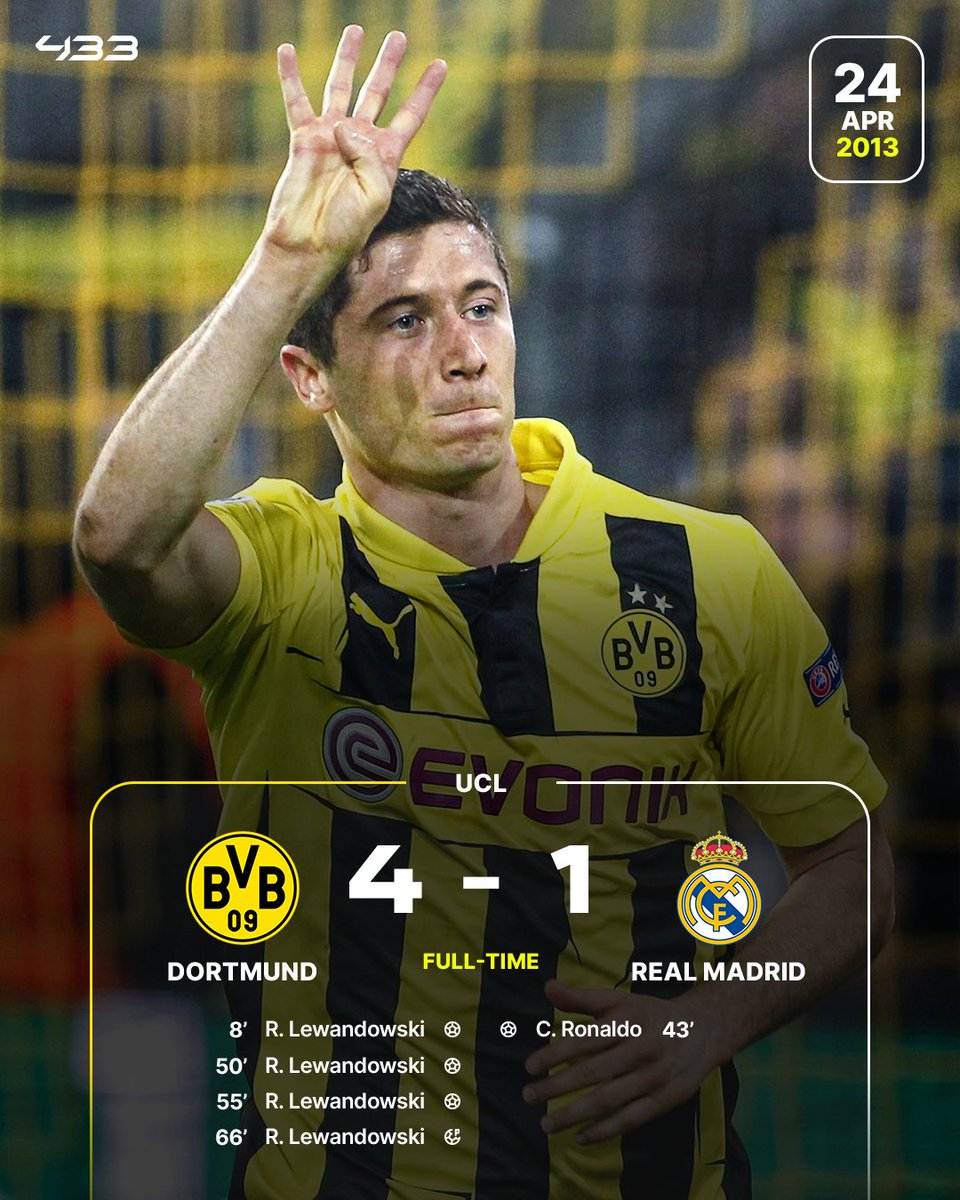 12 years ago on this day, <a href="/lewy_official/">Robert Lewandowski</a> put 𝙁𝙊𝙐𝙍 ⚽️⚽️⚽️⚽️ past Real Madrid.

Legendary stuff 🇵🇱👏