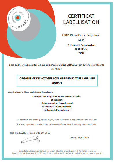 🎉Bonne nouvelle : Le label UNOSEL est renouvelé pour MIJE jusqu'en 2027 ! 
(Oui, on continue de viser l’excellence 💪)
🙏Un immense MERCI à l’@UNOSEl pour sa confiance renouvelée, et bravo à toute l’équipe <a href="/MijeAssociation/">Association MIJE</a> !
#UNOSEL #MIJE #VoyagesScolaires #Sécurité #Confiance