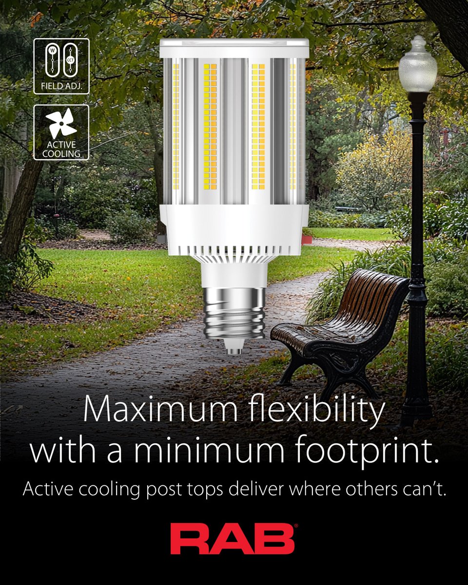 Discover our compact post tops with active cooling! They replace traditional HID lighting, fitting where others can't. Delivering 73,000+ lumens and 1500W HID equivalent, they offer on-site adjustable wattage and color. Perfect for retrofits. Learn more: hubs.ly/Q03jzmCC0?