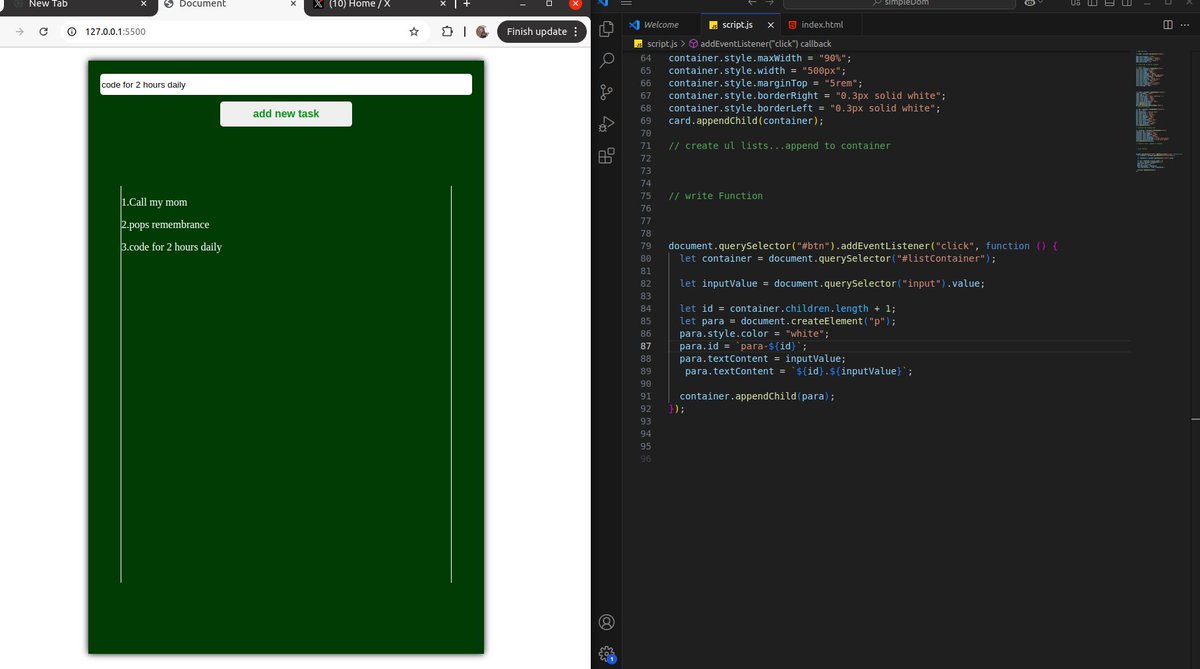 __Web3Nun's tweet image. Perhaps, I might stick to learning to build and styling my UI with just Javascript .

Whatever can be done with Html and CSS is also possible with Js.

here is recreating  T0-Do list with js only

#CodingChallenge #blockfuse