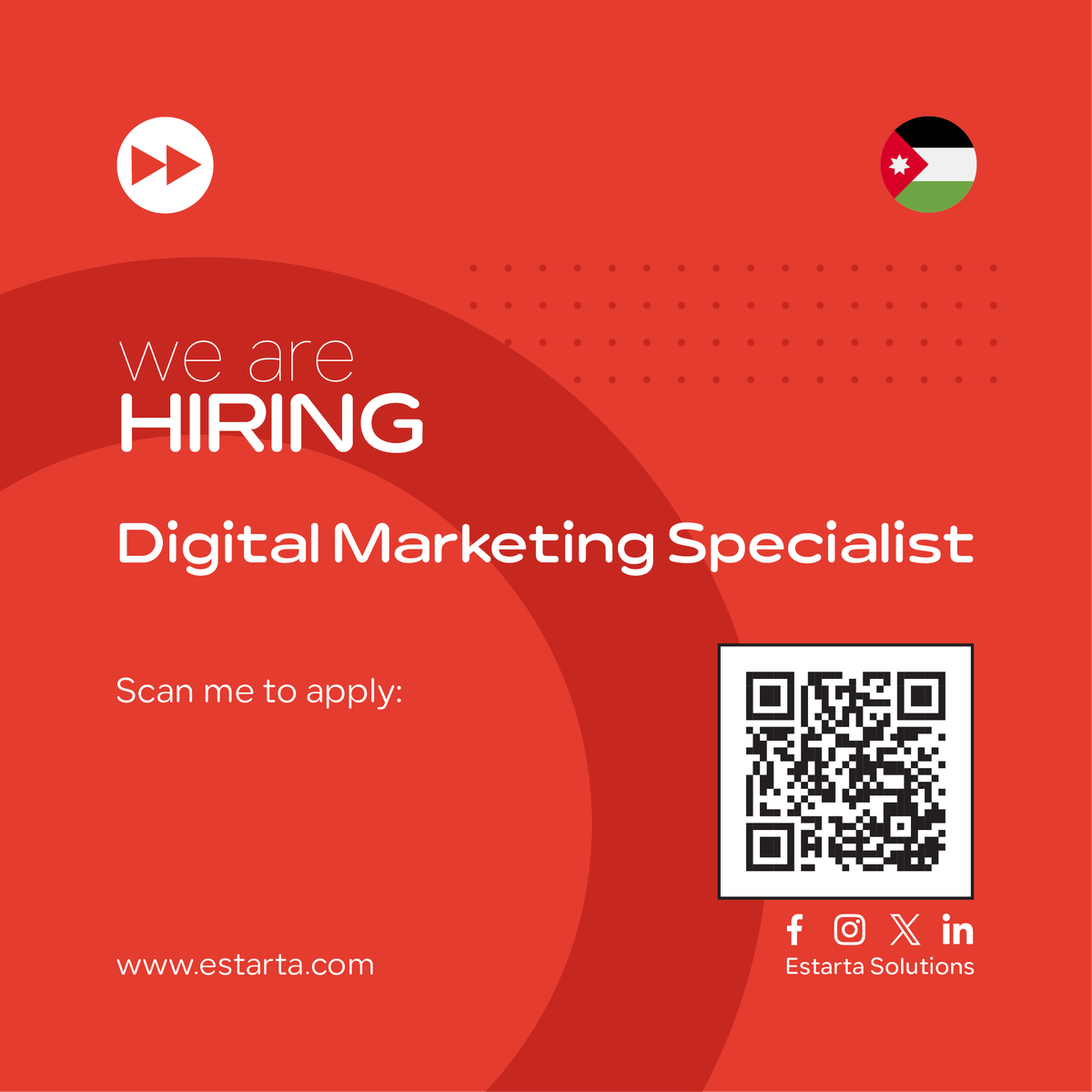 Estarta's tweet photo. Our #Amman, #Jordan team is looking for a skilled Digital Marketing Specialist.

To apply, scan the QR code and visit the link below.

https://t.co/whPfYi5GaH

#estarta #ICT #Jordan #Amman #ITservices https://t.co/7kN0UOXq2k