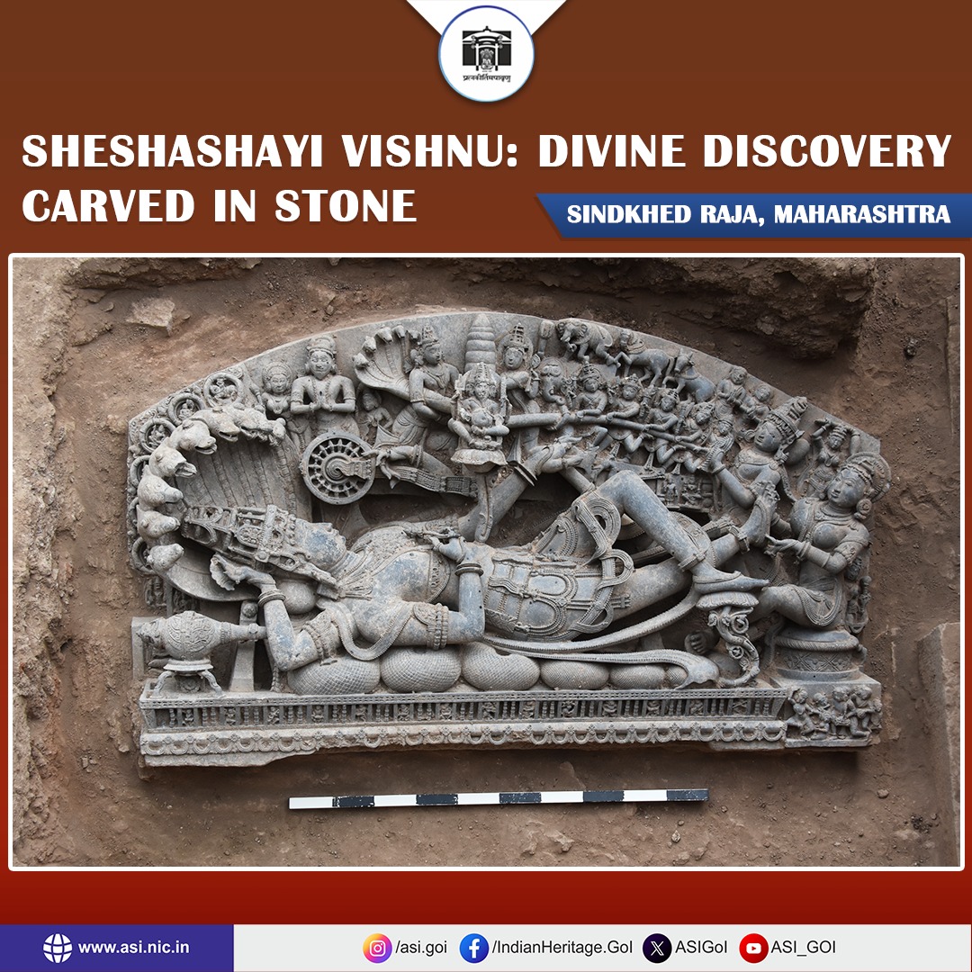 ASIGoI's tweet image. A stunning, intricately carved sculpture of Sheshashayi Vishnu has been unearthed during scientific clearance at Lakhuji Jadhavrao’s Chhatri, Sindkhed Raja (Buldhana), Maharashtra.
The sculpture shows Lord Vishnu reclining on nine-headed Sheshnaga holding Chakra in upper left…