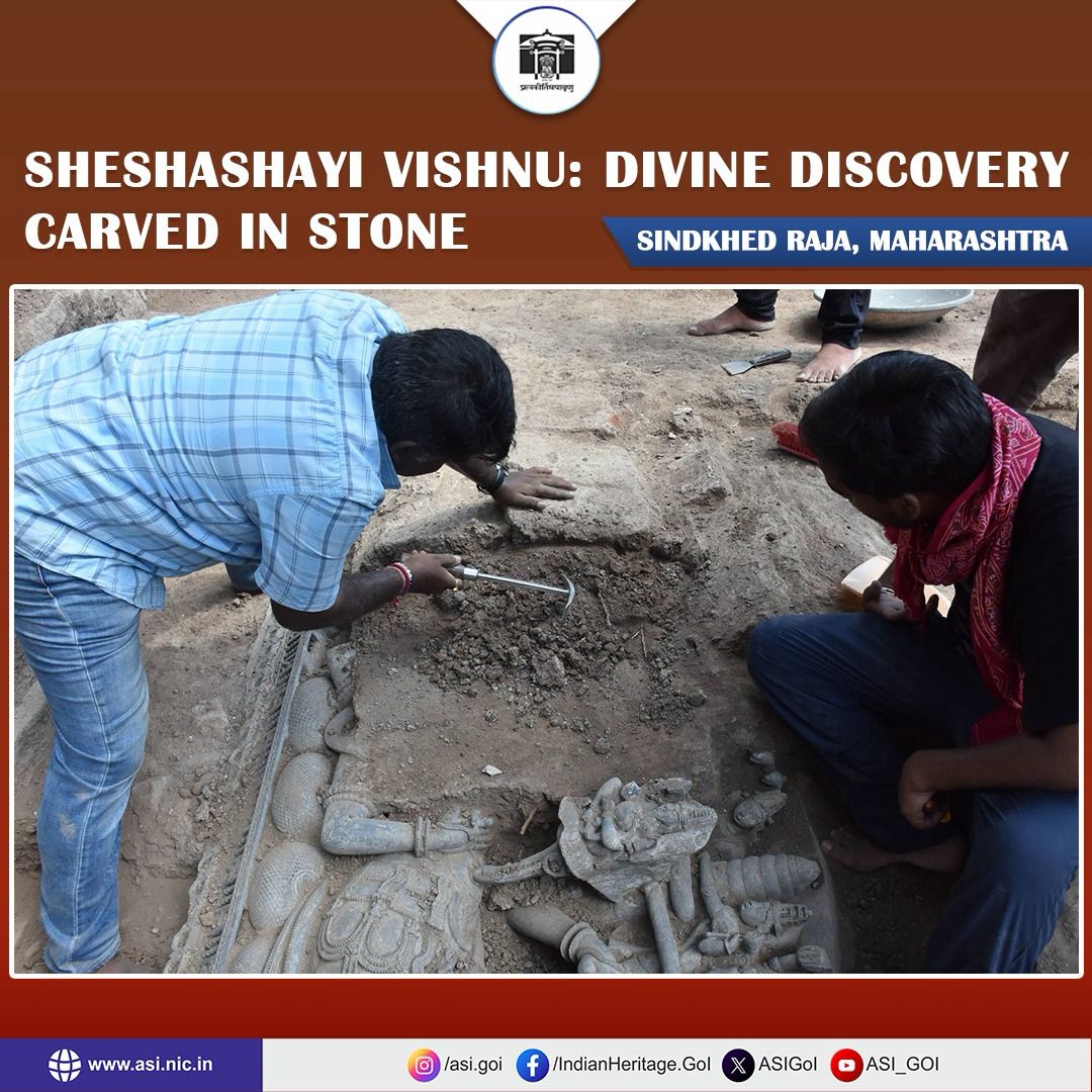 ASIGoI's tweet image. A stunning, intricately carved sculpture of Sheshashayi Vishnu has been unearthed during scientific clearance at Lakhuji Jadhavrao’s Chhatri, Sindkhed Raja (Buldhana), Maharashtra.
The sculpture shows Lord Vishnu reclining on nine-headed Sheshnaga holding Chakra in upper left…