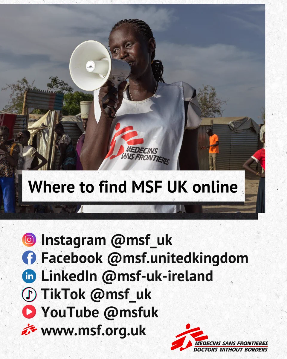 An MSF worker is shown with a megaphone wearing a white vest with the MSF logo. The text reads "Where to find MSF UK online" "Instagram @msf_uk Facebook @msf.unitedkingdom LinkedIn @msf-uk-ireland TikTok @msf_uk YouTube @msfuk www.msf.org.uk"