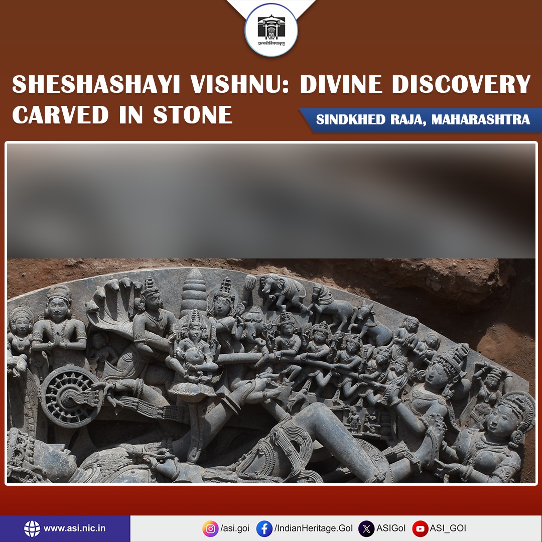 A stunning, intricately carved sculpture of Sheshashayi Vishnu has been unearthed during scientific clearance at Lakhuji Jadhavrao’s Chhatri, Sindkhed Raja (Buldhana), Maharashtra.
The sculpture shows Lord Vishnu reclining on nine-headed Sheshnaga holding Chakra in upper left