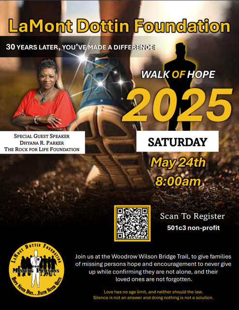 HQinterdynamics's tweet photo. Join the LaMont Dottin Foundation at the Woodrow Wilson Bridge trail on Saturday, May 24th, as they heal by walking to support the families of missing persons. To receive therapy for grief or loss, call us at (301) 306-4590 or text/email us at info@interdynamicsinc.com. https://t.co/bL1uURlob2