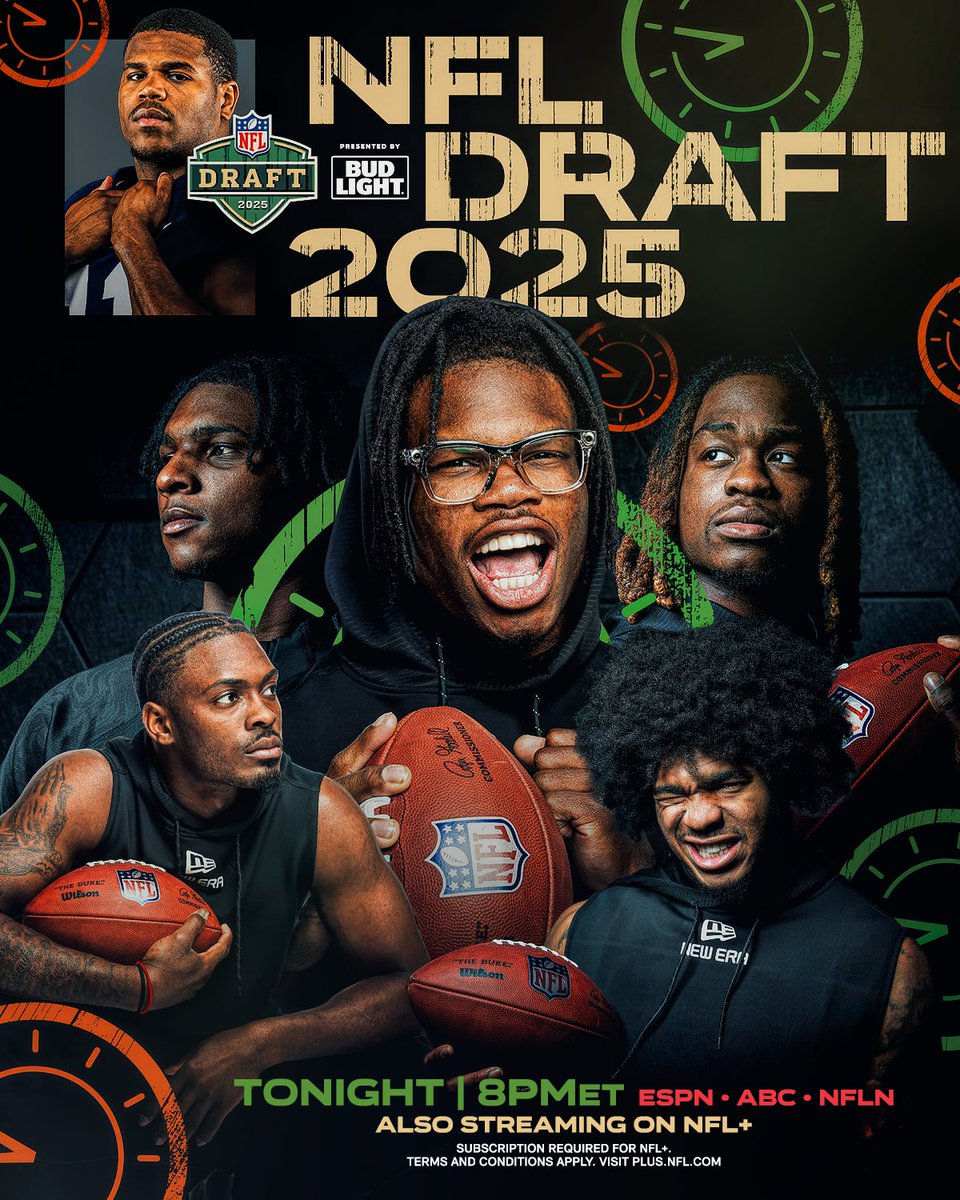NFL's tweet photo. DRAFT DAY IS HERE ‼️

📺: 2025 #NFLDraft – Tonight 8pm ET on NFLN/ESPN/ABC
📱: Stream on #NFLPlus https://t.co/NwFwCyqbHk