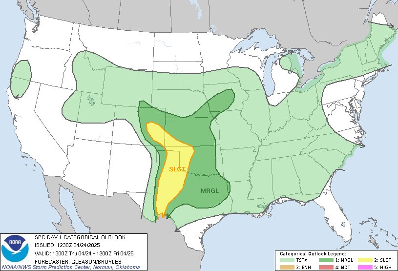 7:32am CDT #SPC Day1 Outlook Slight Risk: across parts of the southern/central Plains spc.noaa.gov/products/outlo…
