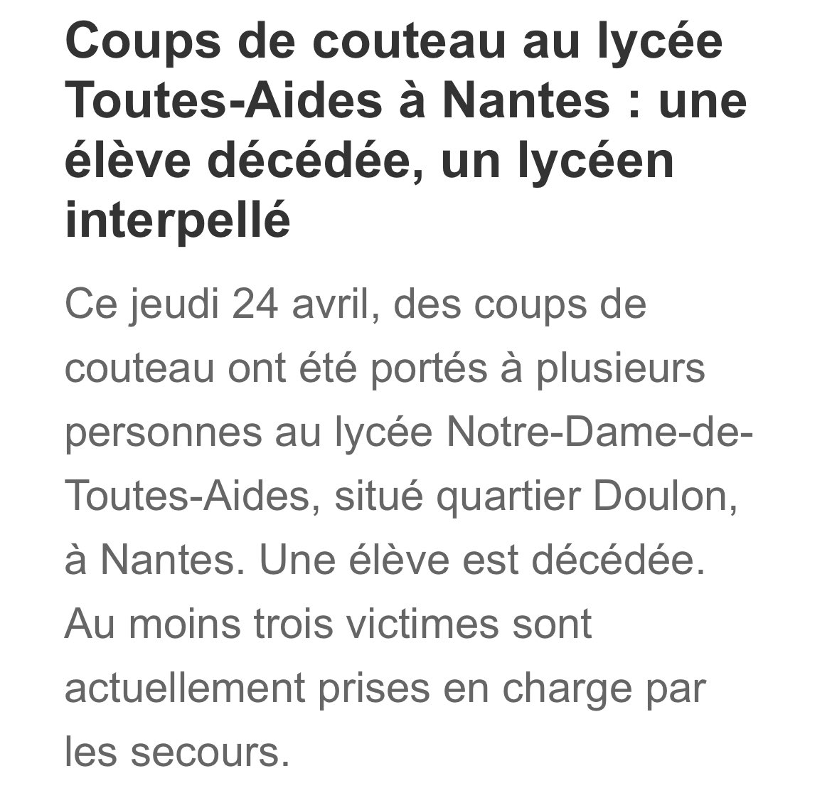 L’UNI Nantes apporte son soutien et adresse ses pensées à toutes les victimes de cette attaque au couteau au lycée Notre-Dame-de-Toutes-Aides.

Aucun élève, collégien, lycéen ou étudiant ne devrait avoir à craindre de se rendre en cours. Les pouvoirs publics doivent agir.