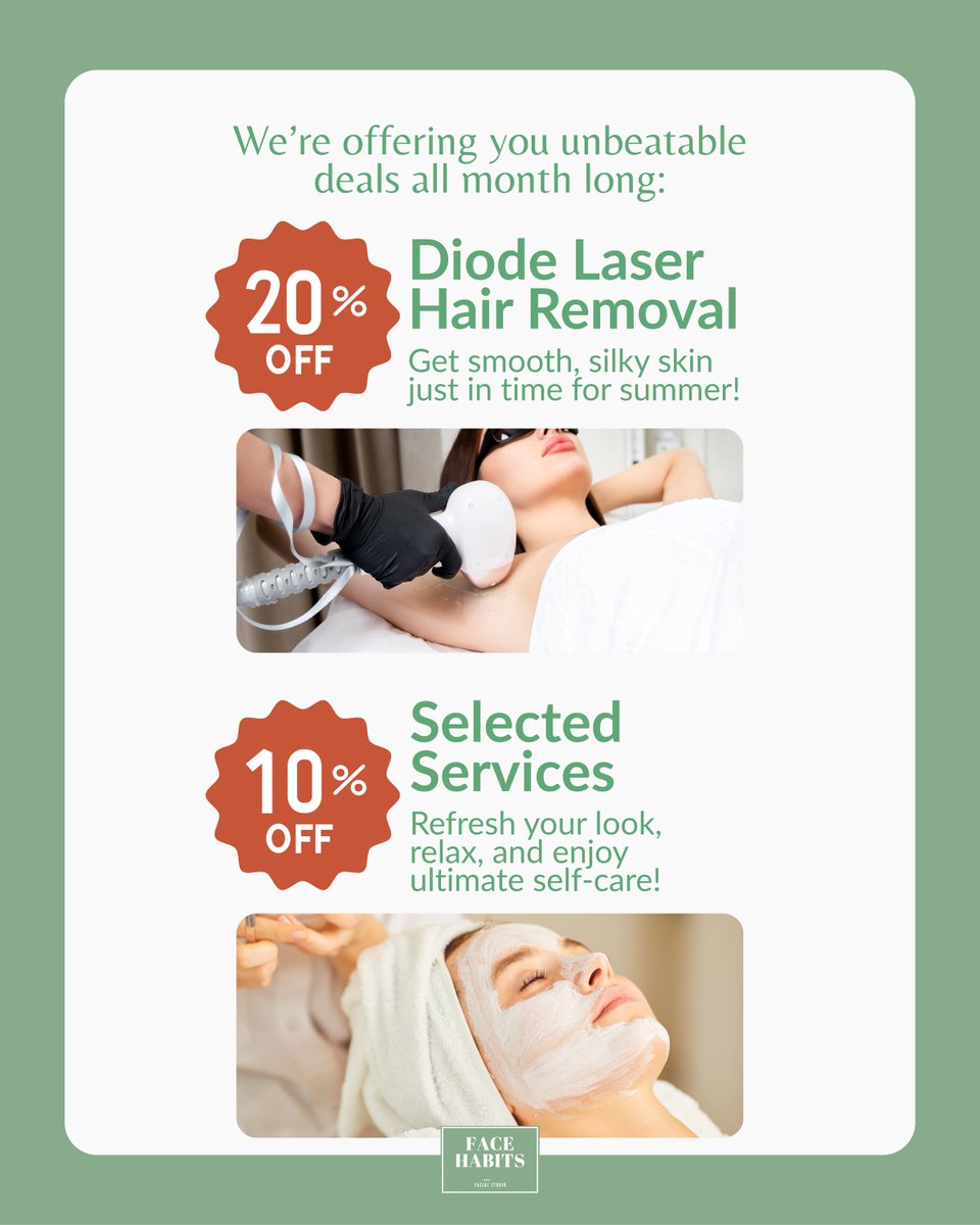FaceHabits_CDO's tweet image. 🌞 April’s Almost Over—Don’t Miss Your Glow-Up! 
Self-care is calling!

✅ 20% OFF Diode Laser Hair Removal
✅ 10% OFF selected services🌸

Less stress, more glow—book now at facehabits.com!
#AprilPromo #FaceHabitsStudio #SelfCareSeason #GlowUp #LaserHairRemoval