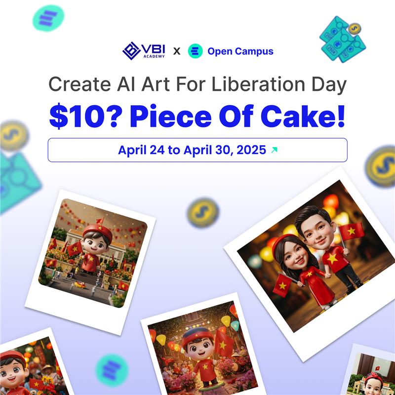 vbi_academy's tweet photo. Create AI Art for Liberation Day – $10? Piece of Cake!

@opencampus_xyz just landed in Vietnam – and they’re kicking things off in the most extra way possible 🔥

To celebrate Liberation Day (April 30), we’re dropping a super easy minigame collab with OpenCampus. Create a fun AI avatar, share it, and boom – you could be one of 20 lucky winners getting a $10 OpenEdu wallet top-up!

Only 3 Steps – Easy as 1-2-3:
1️⃣ Sign up at https://t.co/KwxDfgBNqf. Head to the “AI Agent” section (Image Generator) and create your AI avatar. Take a screenshot.
2️⃣ Optional: Set your new pic as your avatar if you wanna go all out.
3️⃣ Drop that screenshot under this post with the hashtags below 👇
 #OpenCampusteaser #VBIAcademy #April30 @vbi_academy @opencampus_xyz @OpenEdu_HQ

🎁 20 lucky players will be randomly picked to receive a Liberation Day gift worth $10 in your OpenEdu wallet!

And that’s just the start 🚀 We’re talking about a whole adventure ahead – a Web3 world where you can learn, build, and win. Stay tuned for more wild stuff from VBI Academy x OpenCampus. 

P.S. Don’t forget to scroll down this post to grab the ready-to-use prompt templates. Make your AI art quick, creative, and extra fly 😎