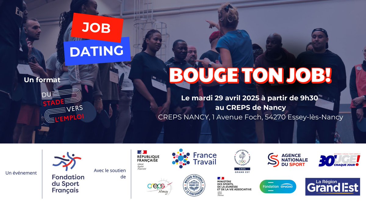 🎯 BOUGE TON JOB – 29/04 au CREPS de Nancy
Sport &amp; emploi au cœur d’un événement inédit pour demandeurs d’emploi &amp; sportifs en reconversion.
👟 Activités sportives, 🎙 témoignages, 💼 job dating
+100 candidats, 20 entreprises !
#BougeTonJob #Emploi #Sport
