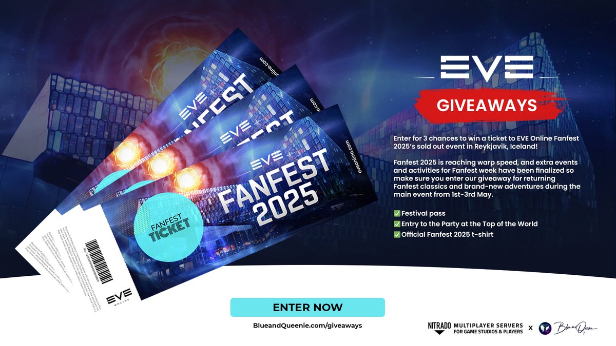 🌟 EVE FANFEST TICKETS #GIVEAWAYS 🌟

We're celebrating Nitrado's Partnership with <a href="/CCPGames/">CCP Games</a> in EVE Vanguard by giving away 3 tickets to the sold-out EVE Fanfest 2025 in Iceland!

🔹Follow <a href="/BlueandQueenie/">Simon Blue (Official 4K Twitch Testing)</a>
🔹Follow <a href="/Nitrado_EN/">Nitrado in English 👾</a>
🔸Tag a friend
🚀Enter blueandqueenie.com/giveaways #ad