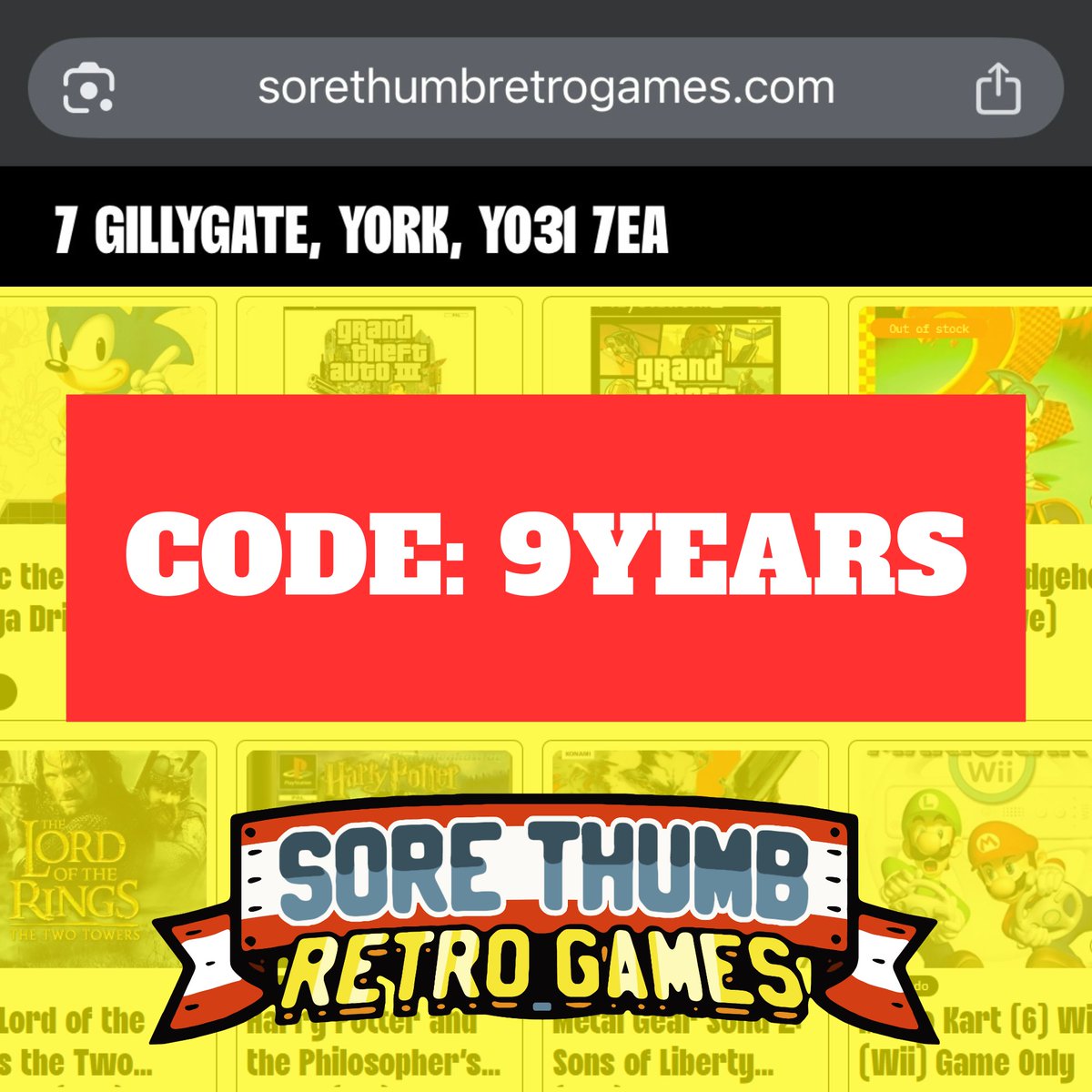 10% OFF WITH CODE: 9YEARS 
RIGHT NOW AT sorethumbretrogames.com