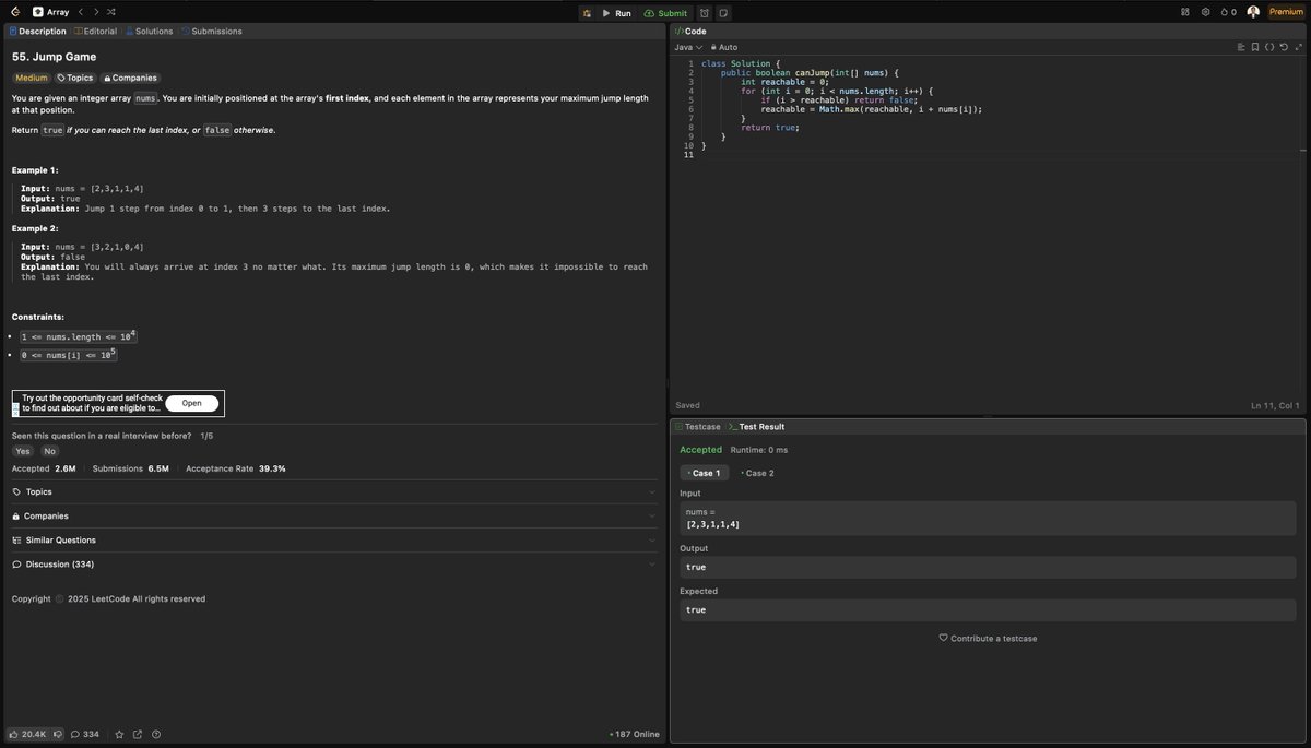 erpriyanshurao's tweet photo. 🔥 Day 47 of #100DaysOfCode

🚀 LeetCode 55 – Jump Game

Can you reach the last index of an array if each element tells you how far you can jump? 🤔

💡 Elegant way to mix logic with limits.

#LeetCode #Java #Coding #TechTwitter #DevLife #ThreadsDev #100DaysOfCode https://t.co/wj2Wq2JNuC