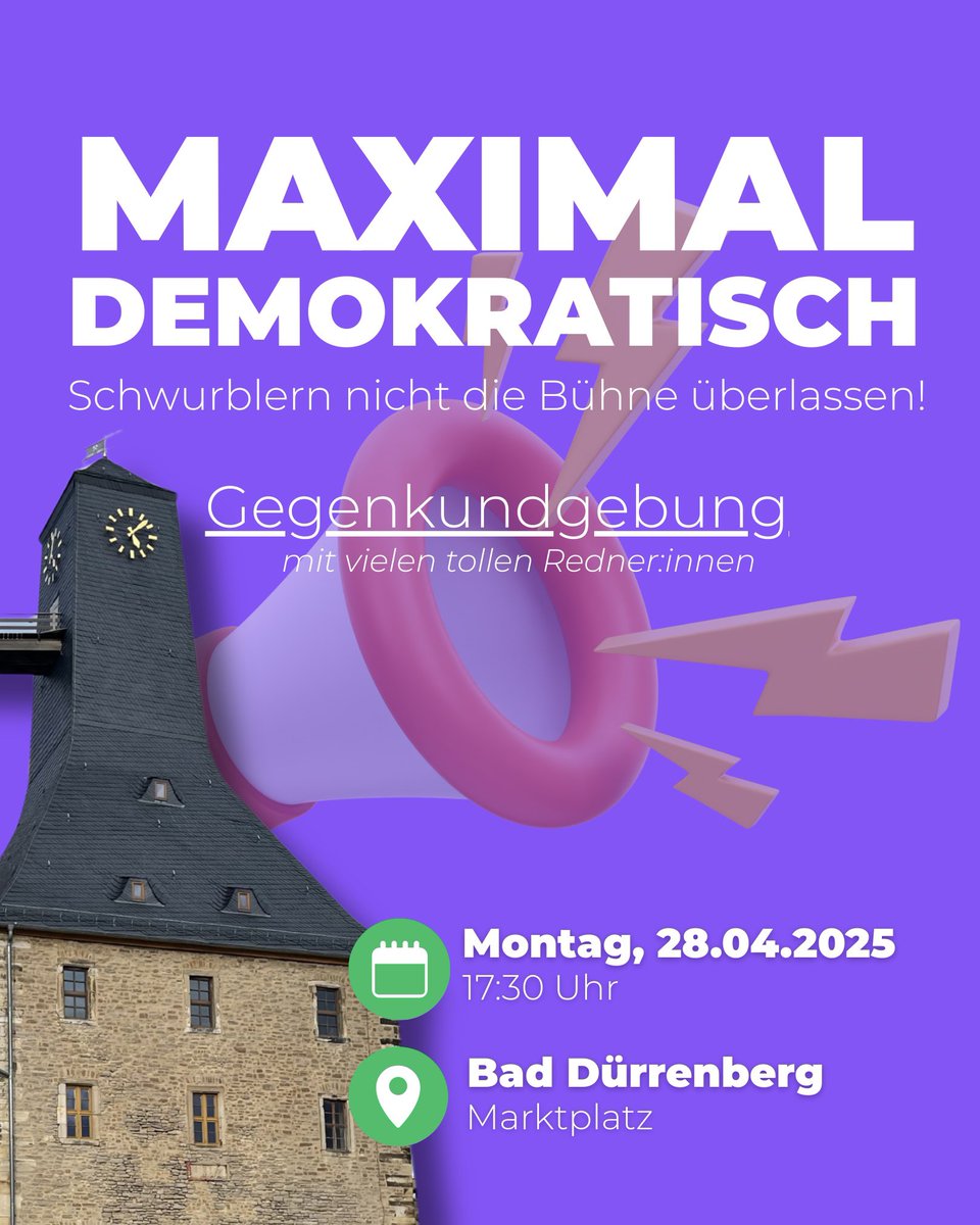 Letzten Montag hielt ich mit 16 eine Gegenrede bei den Querdenkern – über 1 Mio. Views, riesiger Zuspruch, aber auch Drohungen. Jetzt planen wir eine Gegenkundgebung:
Mo, 28.04., 17:30 Uhr, Marktplatz Bad Dürrenberg
Kommt vorbei. Ich zähle auf euch!