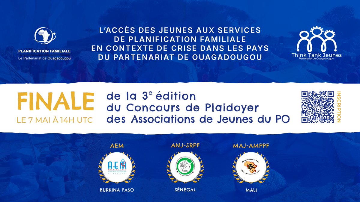 Rendez-vous le 7 mai 2025 à 14h UTC pour la finale du Concours de Plaidoyer des Jeunes Associations du Partenariat de Ouagadougou.

Ils sont jeunes, engagés et prêts à défendre leurs idées pour améliorer l’accès des jeunes aux services de planification familiale en contexte de