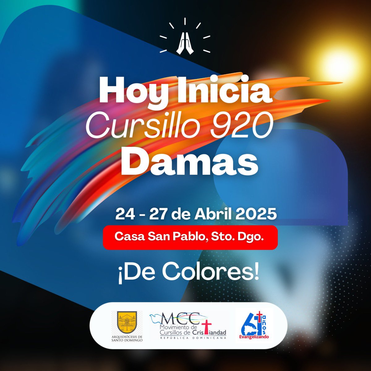 A partir de esta noche se estará desarrollando el cursillo de DAMAS no. 920 de la @arquidiocesisd, el mismo concluyendo el próximo domingo.

Invitamos nuevamente a todos los hermanos y hermanas a que permanezcamos en oración por los frutos apostólicos de este cursillo

#MCC