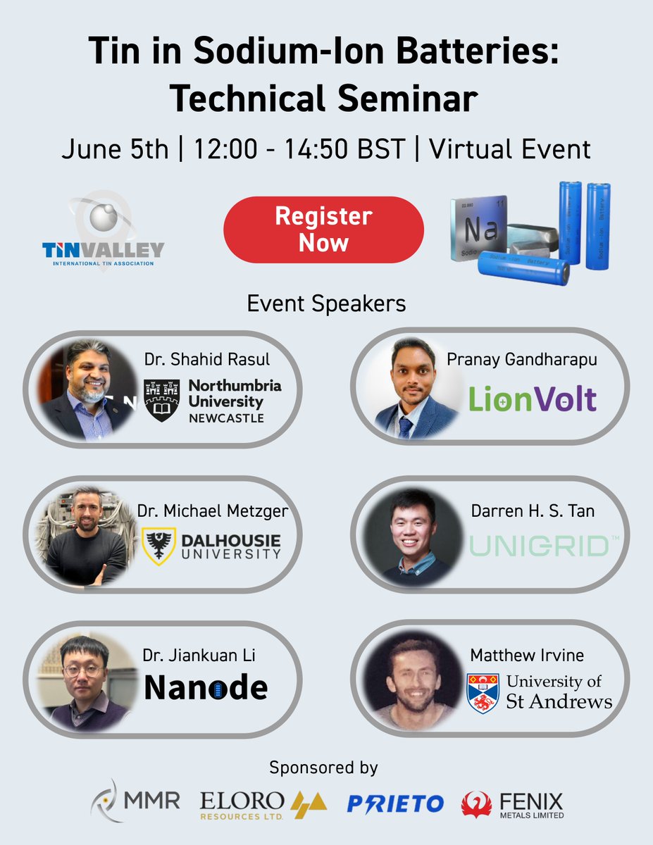Calling all battery innovators, materials scientists, and energy storage  enthusiasts! 🔋 Join us for an insightful virtual technical seminar on Tin  in Sodium-Ion Batteries on June 5th, 12:00 - 14:50 BST. Hosted