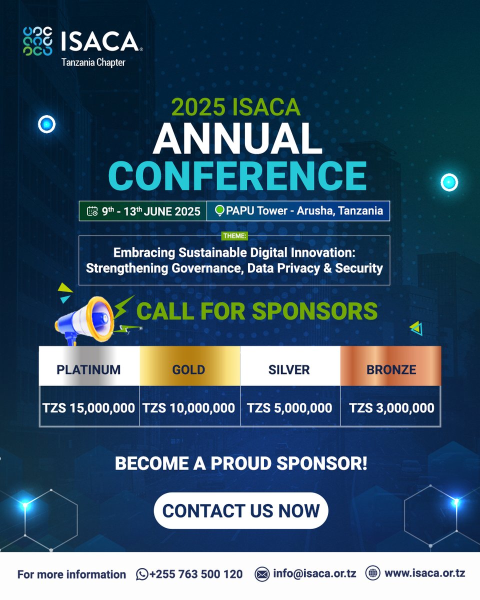 ISACA Tanzania Chapter (@isaca_tz) on Twitter photo We invite you to join hands with us for the 2025 ISACA Annual Conference – a high-impact event set to shape the future of digital trust.The Conference will be held at the Papu Tower in Arusha-Tanzania, from 9 to 13th June 2025.For more details: info@isaca.or.tz or +255763500120 We invite you to join hands with us for the 2025 ISACA Annual Conference – a high-impact event set to shape the future of digital trust.The Conference will be held at the Papu Tower in Arusha-Tanzania, from 9 to 13th June 2025.For more details: info@isaca.or.tz or +255763500120