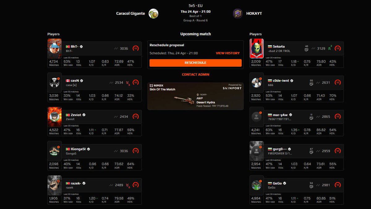 btk (@b4tka7a) on Twitter photo Matchday!
Playing vs #CaracolGigante in <a href="/ESEA/">ESEA League</a> Intermediate at 21:00 EET
Unfortunately I wont be playing, because of personal issues, so we will play with a stand in. Best of luck to my team🍀 Matchday!
Playing vs #CaracolGigante in <a href="/ESEA/">ESEA League</a> Intermediate at 21:00 EET
Unfortunately I wont be playing, because of personal issues, so we will play with a stand in. Best of luck to my team🍀