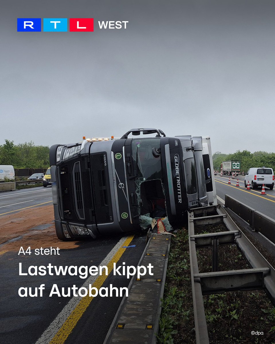RTLWEST's tweet image. Auf der A4 bei #Köln ist in der Nacht ein #Laster umgekippt. Er liegt zwischen Köln-Süd und Köln-Eifeltor in Richtung #Aachen. Etwa 100 Liter Diesel sind ausgelaufen, deshalb ist nur noch eine Spur frei. Die #Bergung ist kompliziert und dauert wohl bis mindestens 18 Uhr. Verletzt