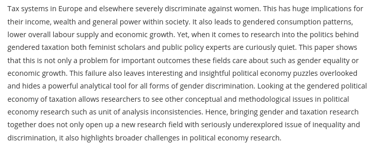 Tax states around the world discriminate against their female citizens. Yet political economists have surprisingly little to say. I argue why changing this benefits not only #gender and #tax, but #PoliticalEconomy research more generally: doi.org/10.1080/135017…