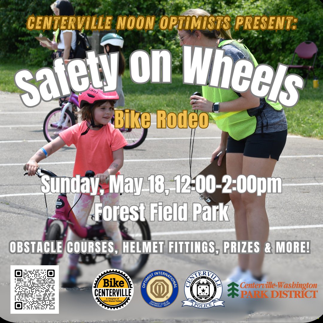 CentervilleOHPD's tweet photo. FREE EVENT!
The Centerville Noon Optimist Club Safety on Wheels Bike Rodeo will be held, rain or shine, on Sunday 5/18 from 12-2 p.m. at Forest Field Park.
Join CPD, Centerville-Washington Park District, and Bike Centerville for an afternoon of fun to promote youth bike safety! https://t.co/D28BQDQmGH