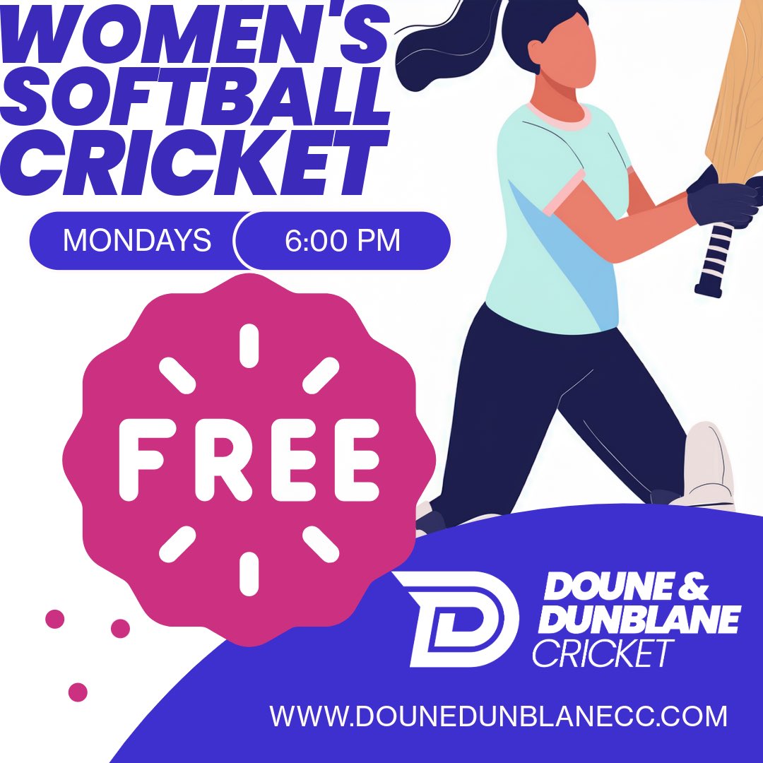 Free Women's Cricket Softball!  Ready to play ball?

Join us for free women's cricket every Monday evening! 

Whether you're a seasoned player or have never picked up a bat, come on out for some fun, fitness, friendship!

📅: Every Monday
⏰ : 6:00 PM
📍 : The Grazings, Doune.