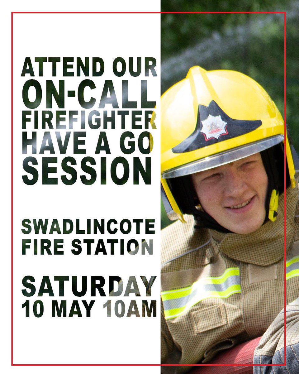 We are recruiting on-call firefighters in Swadlincote and we need you ! 
Are you interested but not sure what the role involves? Then come along to our upcoming have a go session 10th May 10am. To register for a place go to - 

jobtrain.co.uk/derbyshirefire…