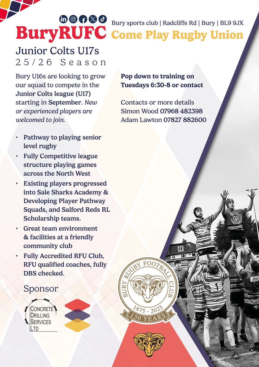 Good luck from all at the club to our U16s who are playing local rivals Rochdale in the Lancashire Bowl Final this Sunday

Looking to build our squad ahead of next season to take part in the Colts league. See flyer attached #rugby #rugbyunion #grassrootsrugby #bury