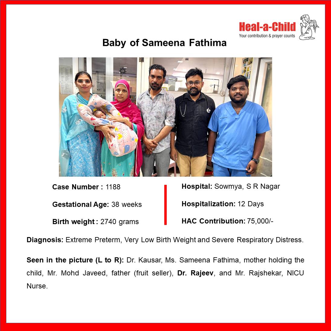 Baby of Sameena Fathima #discharged after 12 days of care from Sowmya Childrens Hospital