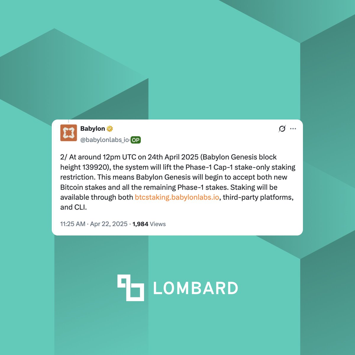 Permissionless Bitcoin staking begins today! Lombard will stake an  additional 5,000+ BTC to @babylonlabs_io to generate the greatest yield for  LBTC holders, and all existing stakes will automatically transition to 4 new