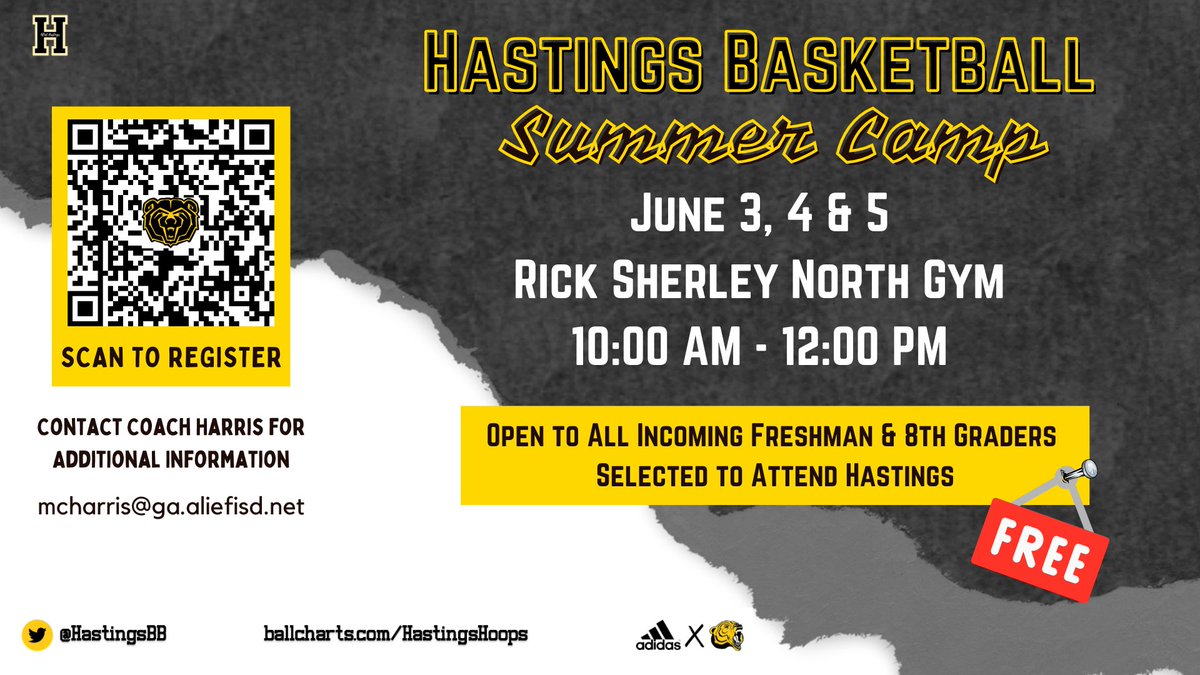 🏀Hastings Basketball Camp 🆓🆓🆓
🗓️June 3, 4 &amp; 5
🕙10:00 AM-12:00 PM
📍Rick Sherley North Gym
🐻Open to ALL incoming 9th &amp; 8th Grade Boys selected to attend Hastings
🔗Register by scanning QR Code of link rb.gy/3ojt0
