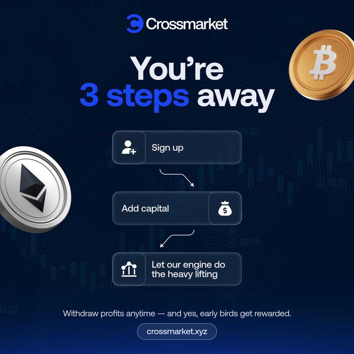 crossmarket_xyz's tweet photo. You’re 3 steps away:
1️⃣ Sign up
2️⃣ Add capital
3️⃣ Let our engine do the heavy lifting
Withdraw profits anytime — and yes, early birds get rewarded.
#StartEarning #CrossMarkets https://t.co/qeaLAPmCaM