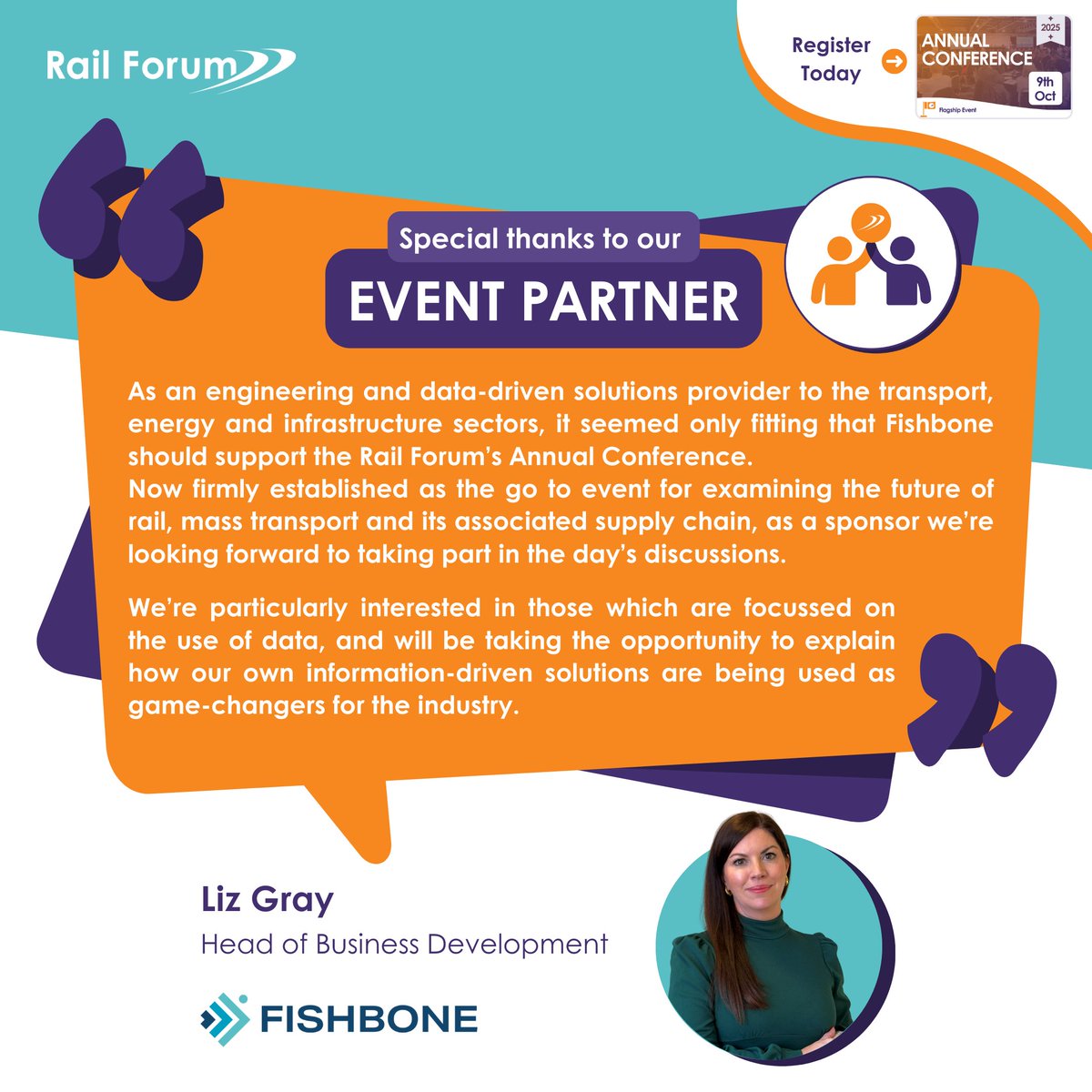📢 EVENT PARTNER ANNOUNCEMENT 📢
We’re pleased to announce Fishbone as our Drinks Reception Partner for the Rail Forum Annual Conference 2025!

Join us for an unmissable feature event where innovation, collaboration and conversation will flow — special thanks to Liz Gray and the