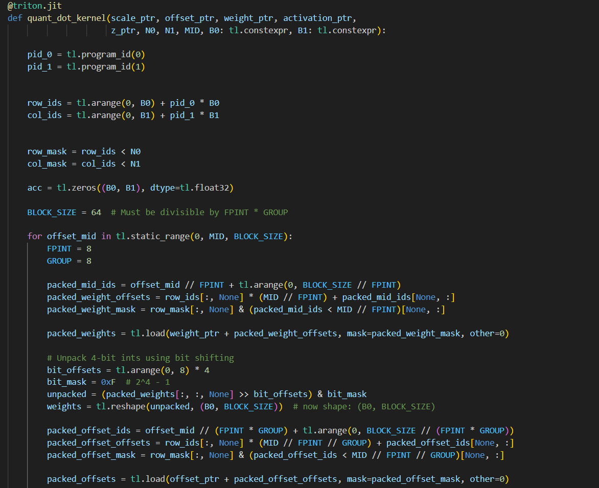 jino_rohit's tweet image. day24 #100daysofcuda

Implementing quantized matrix multiplication in triton.

When doing matrix multiplication with quantized neural networks a common strategy is to store the weight matrix in lower precision, with a shift and scale term.

Code - github.com/JINO-ROHIT/adv…