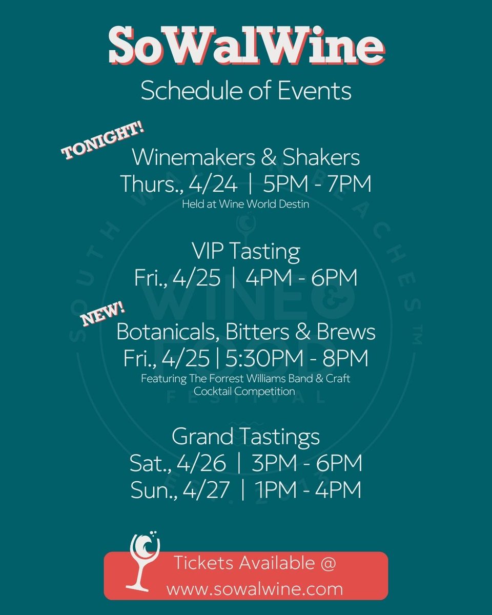 A weekend of wine &amp; food starts TONIGHT! 🎉🍷

✨ Winemakers &amp; Shakers, 4/24 | 5-7PM
 🍷 VIP Tasting, 4/25 | 4-6PM
🍃 Botanicals, Bitters, &amp; Brews, 4/25 | 5:30-8PM
🍇 Saturday Grand Tasting, 4/26 | 3-6PM
🥂 Sunday Grand Tasting, 4/27 | 1-4PM

Get Tickets @ sowalwine.com