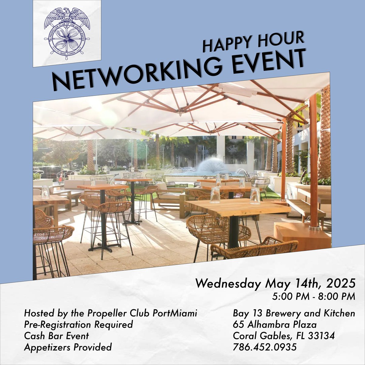 PCPortMiami's tweet photo. Join us for a Happy Hour Networker!

Connect with maritime and business pros in a fun setting. Enjoy a cash bar and FREE appetizers (while they last!).

RSVP: [Link](https://t.co/TqPtgKWr5f)

#NetworkingEvent #HappyHour #BusinessConnections #propellerclubportmiami https://t.co/mlUEhYtqmJ