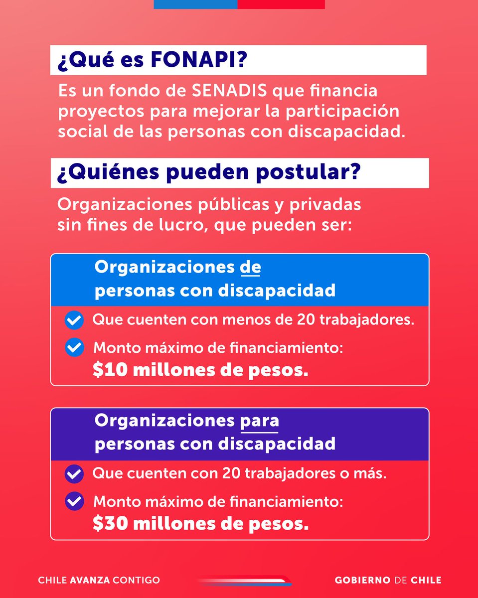 📌 ¡Desde el martes 13 de mayo podrás postular al Fondo Nacional de Proyectos Inclusivos 2025!
 
✅ La iniciativa beneficia a personas con discapacidad y a sus personas cuidadoras.

Más información en senadis.gob.cl
Postulación en: fondos.gob.cl