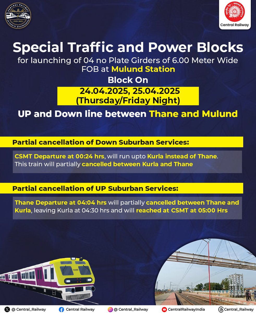 Central_Railway's tweet image. 🚧 Traffic &amp;amp; Power Blocks 🚧
Due to launching of Girders plates at Mulund station blocks will be in place from 24.04.2025 (Thursday) to 25.04.2025 (Friday).
Inconvenience is regretted. Please bear with us.

#CentralRailway #TrafficBlock #PowerBlock