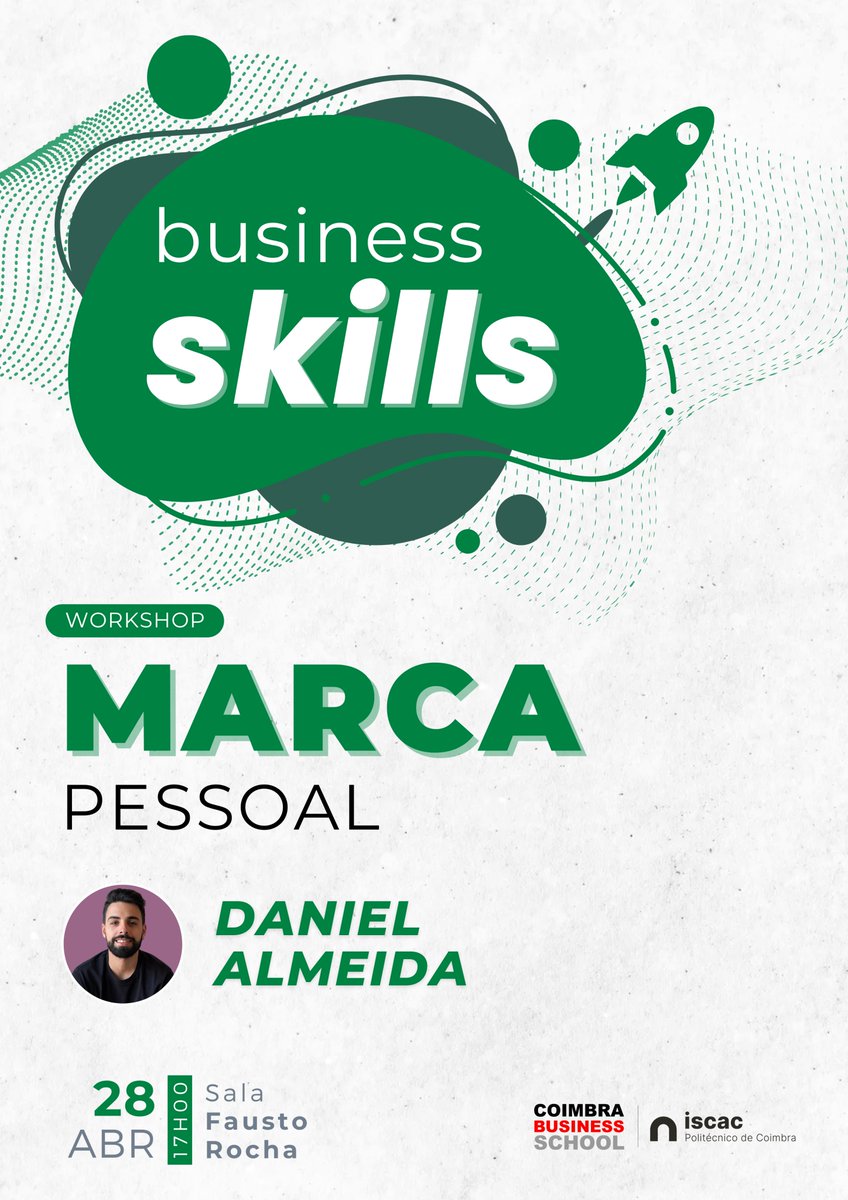 🟢⚫ 𝗕𝘂𝘀𝗶𝗻𝗲𝘀𝘀 𝗦𝗸𝗶𝗹𝗹𝘀 ⚫🟢

Workshop "Marca Pessoal"
Oradores: Daniel Almeida

⚠️ Inscreve-te agora em: tinyurl.com/BusinessSkills… 

📅 28 abril - 17h00 | Sala Fausto Rocha