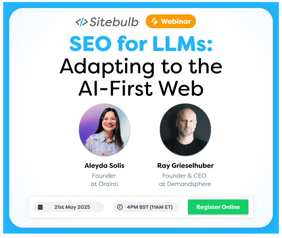 Sitebulb (@sitebulb) on Twitter photo 📣 NEW WEBINAR: sitebulb.com/resources/guid…
Whether you call it GEO, AIO, AEO, or some other insane acronym, it's now every SEO's responsibility.
So <a href="/Aleyda/">Aleyda Solis 🕊️</a> & <a href="/raygrieselhuber/">Ray Grieselhuber</a> will be diving in deep to SEO for AI tactics and tools with <a href="/HathawayP/">Patrick Hathaway</a>.
Sign up NOW! 📣 NEW WEBINAR: sitebulb.com/resources/guid…
Whether you call it GEO, AIO, AEO, or some other insane acronym, it's now every SEO's responsibility.
So <a href="/Aleyda/">Aleyda Solis 🕊️</a> & <a href="/raygrieselhuber/">Ray Grieselhuber</a> will be diving in deep to SEO for AI tactics and tools with <a href="/HathawayP/">Patrick Hathaway</a>.
Sign up NOW!