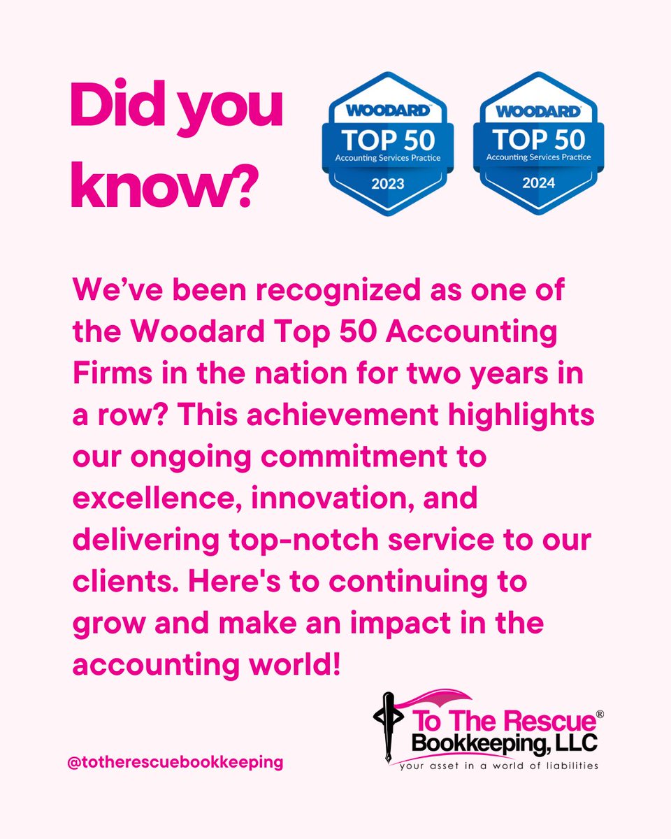 ttrsqbk's tweet photo. We’re proud to be recognized as one of the Woodard Top 50 Accounting Firms in the nation for two consecutive years! 

#totherescuebookkeeping #woodardtop50 #award https://t.co/wMWPcgjJPP