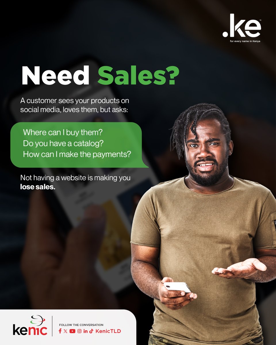 Get a website and turn interest into income.

KeNIC — the home of every .KE domain name in Kenya &amp; the world. Choose from .ke, .co.ke, .or.ke, .go.ke, .ac.ke, .sc.ke, .me.ke, .ne.ke, .mobi.ke, .info.ke
Learn more kenic.or.ke
#DotKE