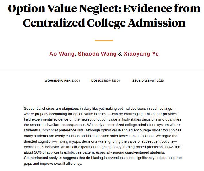 NBER (@nberpubs) on Twitter photo Neglecting option value distorts high-stakes decisions in college choices, from Ao Wang, Shaoda Wang, and <a href="/Xiaoyang_Ye/">Xiaoyang Ye</a> nber.org/papers/w33704 Neglecting option value distorts high-stakes decisions in college choices, from Ao Wang, Shaoda Wang, and <a href="/Xiaoyang_Ye/">Xiaoyang Ye</a> nber.org/papers/w33704