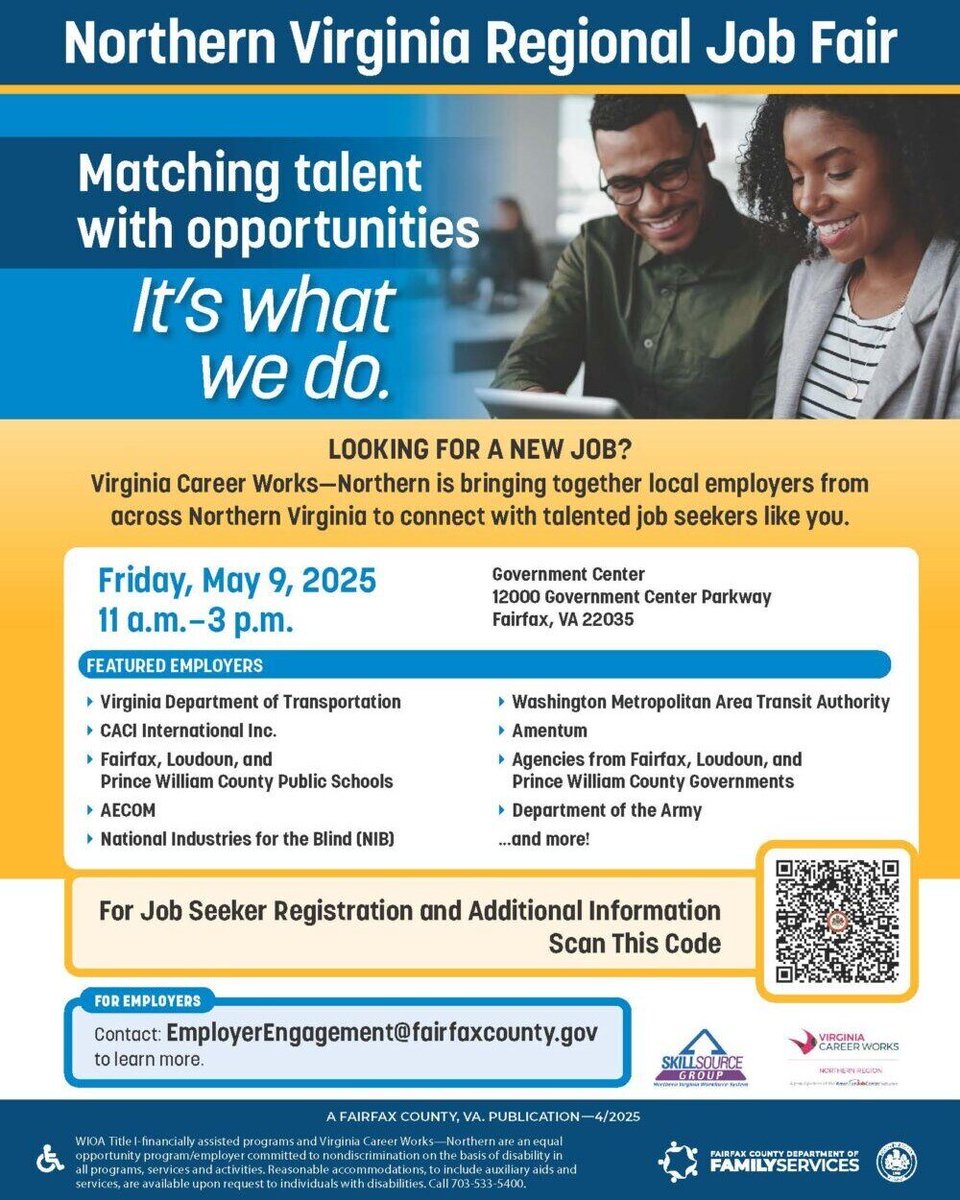 Virginia Career Works Northern is bringing together employers for the NOVA Regional Job Fair on Friday, May 9, from 11am - 3pm at the Fairfax County Government Center, 12000 Government Center Pkwy, Fairfax.

Your next opportunity awaits. Register today ⬇️
hubs.li/Q03jgzdz0