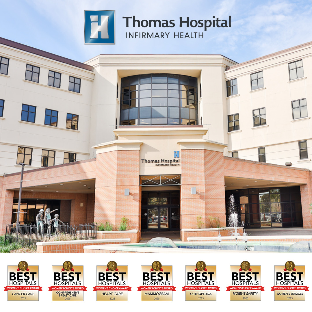 We are proud to announce that Thomas Hospital, an affiliate of Infirmary Health, has received the 2025 Women’s Choice Awards® for cancer care, comprehensive breast care, heart care, mammography, orthopaedics, women’s services, and patient safety! 🏆