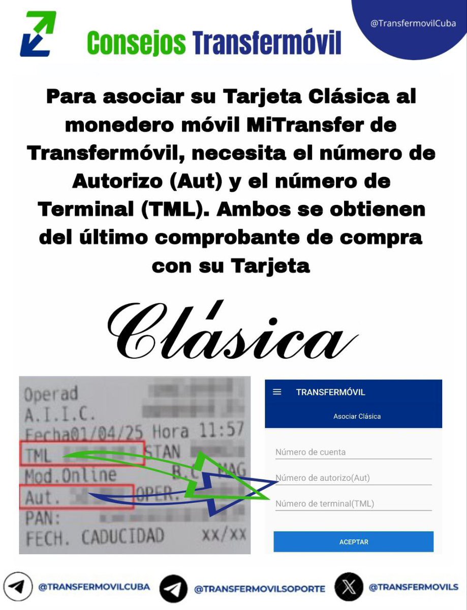 #ConsejoTransfermóvil
 
Para asociar su Tarjeta Clásica al monedero móvil MiTransfer de Transfermóvil, necesita el número de Autorizo (Aut) y el número de Terminal (TML). Ambos se obtienen del último comprobante de compra.
#ETECSA_Cuba